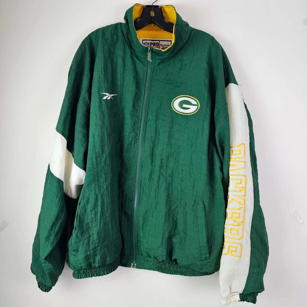 Vintage Reebok NFL Pro Line Green Bay Packers Windbreaker Jacket Green Mens L